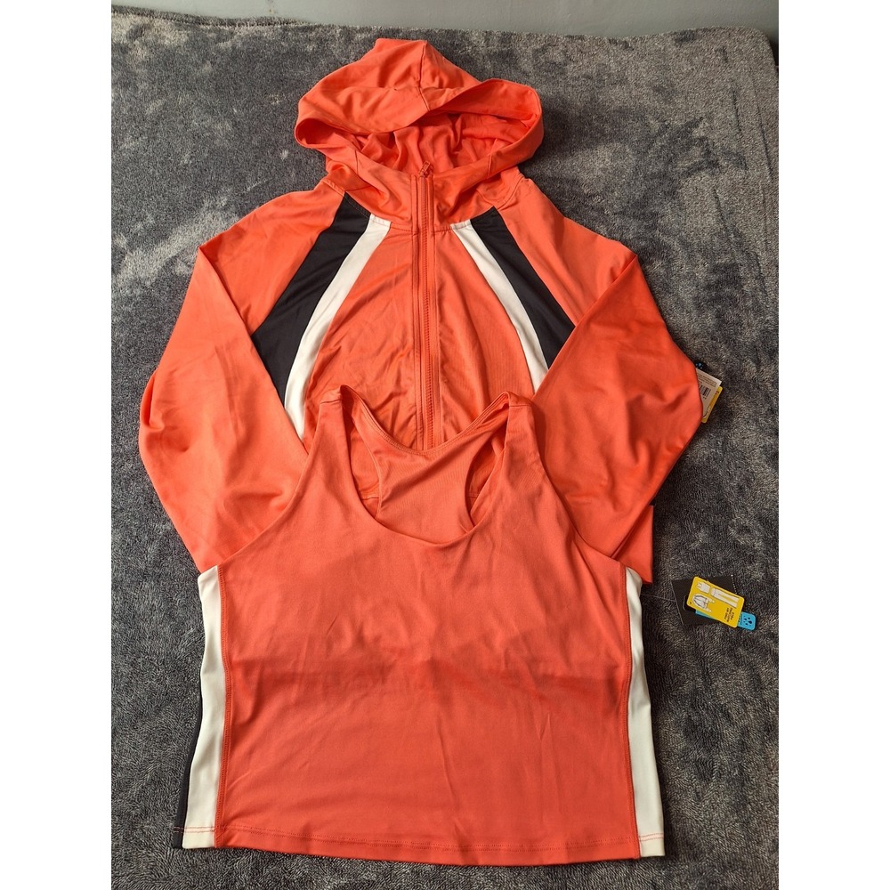 2 Pc Set Performance Athletic Jacket Sport Bra‎ Womens L Orange Black White...